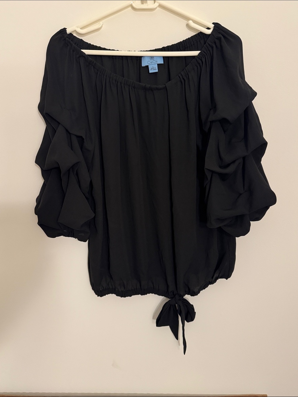 CeCe Black Off-Shoulder Ruffle Sleeve Tie-Hem Top